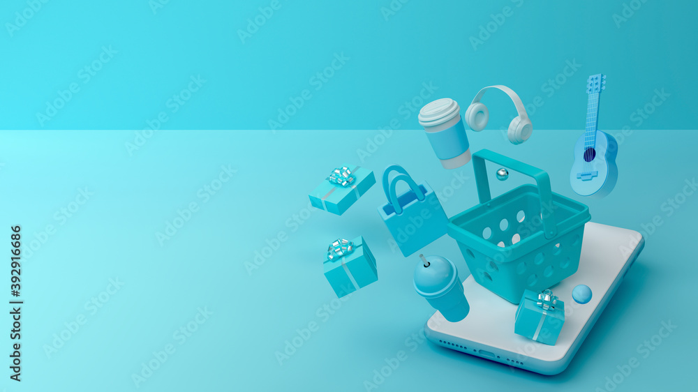 Fototapeta premium 3d rendering of phone mockup and Shopping basket.