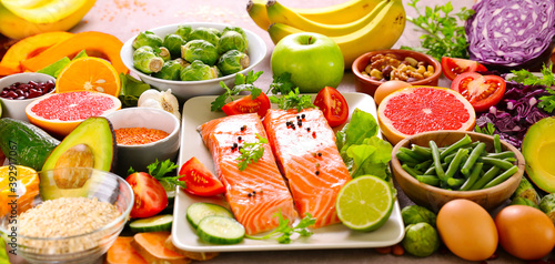 health food selection- fruit, vegetable, protein
