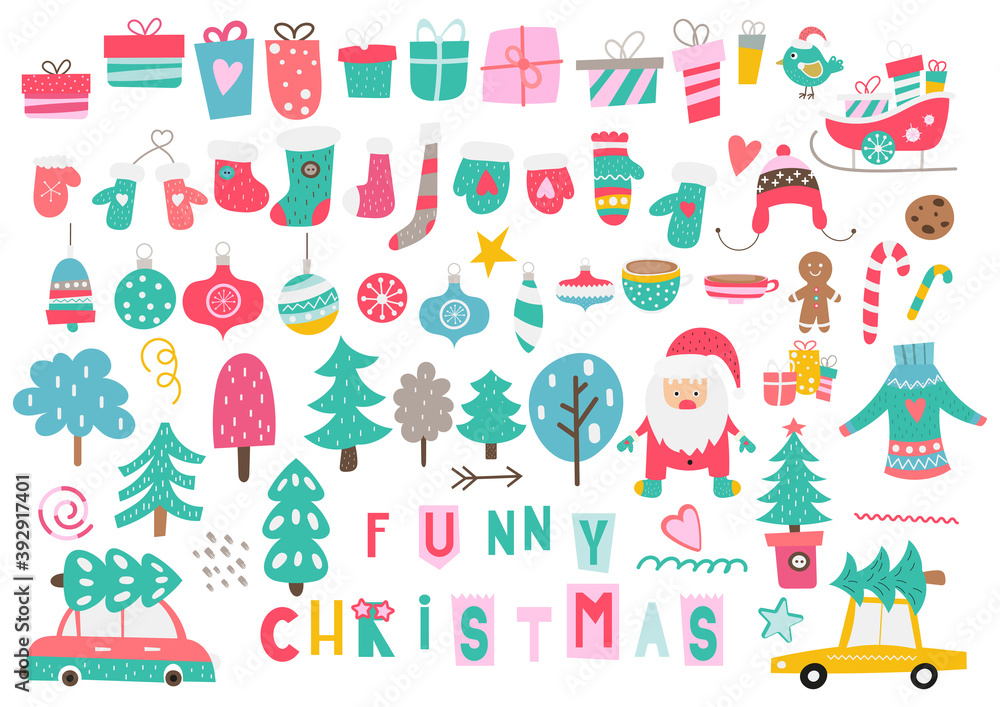 Christmas Santa claus, decorations, xmas elements and symbols isolated on white background. Christmas colorful collection. Vector illustration.