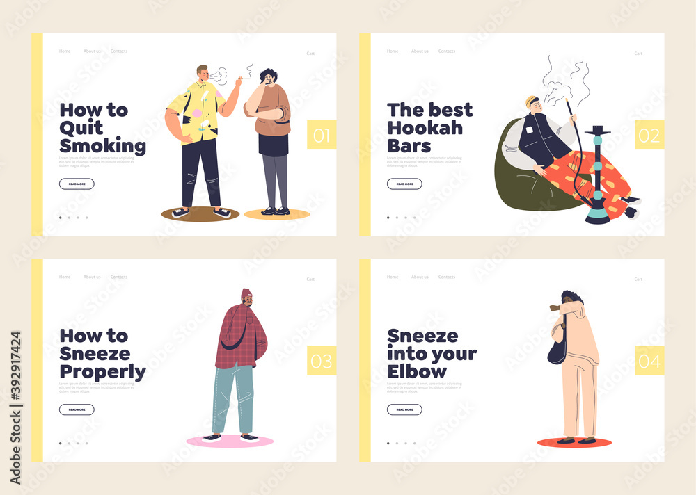 Passive smokers and covering face while sneezing and coughing concept of set of landing pages Passive smokers and covering face while sneezing and coughing concept of set of landing pages