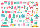 Christmas Santa claus, decorations, xmas elements and symbols isolated on white background. Christmas colorful collection. Vector illustration.