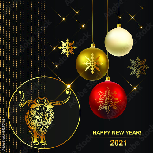 Christmas balls. White metal ox-symbol of 2021. Chinese New Year. Vector illustration.
