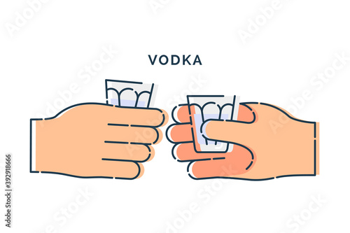 Two human hand holding a glass of vodka. Line art design element on white background. Fingers person with stack with strong alcohol. Concept of time to drink alcohol. Modern graphic style illustration