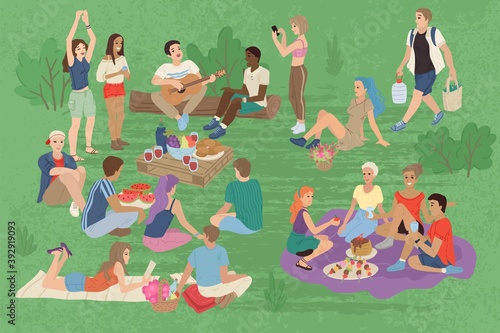 A group of friends on a picnic. Camping with friends, youth around, guitar songs, forest or camping in the park. Rest at nature. Vector illustration.