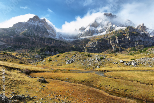 Snowed Partacua mountains in Tena Valley  Huesca  Spain