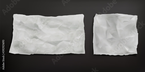 Crumpled baking paper sheets isolated on gray background. Vector realistic mockup of blank old paper with wrinkled texture, creases and torn edges. Greaseproof parchment leaf