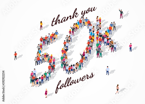 50K Followers. Group of business people are gathered together in the shape of 50000 word, for web page, banner, presentation, social media, Crowd of little people. Teamwork. Vector illustration