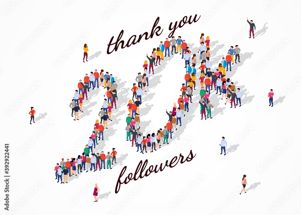 20K Followers. Group of business people are gathered together in the shape of 20000 word, for web page, banner, presentation, social media, Crowd of little people. Teamwork. Vector illustration 20K Followers. Group of business people are gathered together in the shape of 20000 word, for web page, banner, presentation, social media, Crowd of little people. Teamwork. Vector illustration