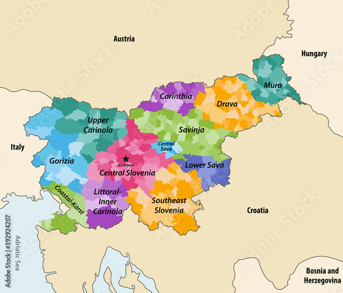 Slovenia municipalities colored by statistical regions vector map with neighbouring countries and territories