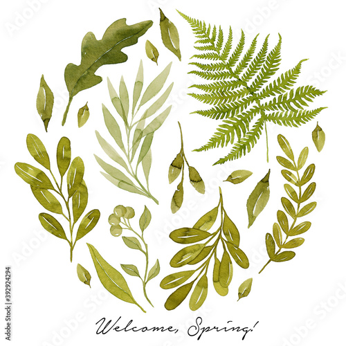 Welcome  Spring  Watercolor green leaves greeting card template. Circle shape in watercolor fern and eucalyptus leaves. Botanical illustration.