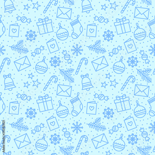 Cute New Year and Christmas seamless pattern. Drawn gifts, toys, letter, snowflakes. Gift wrapping paper.