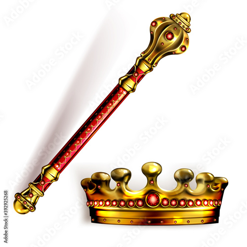 Golden scepter and crown for king or queen, royal wand and corona with red gems for Monarch. Gold monarchy emperor symbols, imperial coronation headwear, rod or mace, Realistic 3d vector illustration