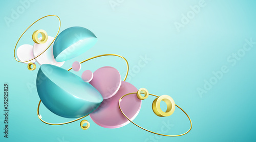 Abstract background with 3d geometric shapes on turquoise backdrop, green hemispheres, pink and white cylinders or circles with golden rings, Realistic vector banner for presentation or ad promotion
