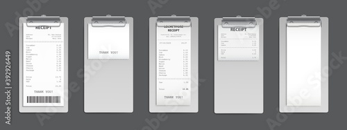 Cash receipt on clipboard, purchase bill invoice, supermarket shopping retail sum check and total cost store sale payment, empty and filled blank isolated on grey background. Realistic 3d vector set