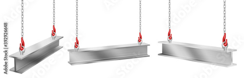 Steel beams hanging on chains with hooks, straight metal industrial girder pieces for construction and building works crane lifting iron balks isolated on white background, realistic 3d vector set