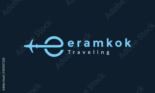 letter e with airplane fly travel transportation logo icon vector illustration design