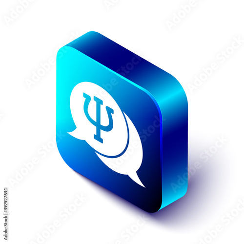 Isometric Psychology icon isolated on white background. Psi symbol. Mental health concept, psychoanalysis analysis and psychotherapy. Blue square button. Vector.