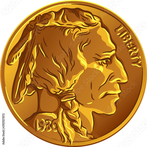 American copper-nickel money, Obverse of Buffalo nickel or Indian Head nickel 5 Cent Coin