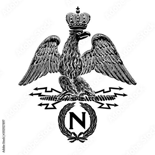 French imperial eagle with Napoleon's wreath, inscription N. Vintage vector illustration.
