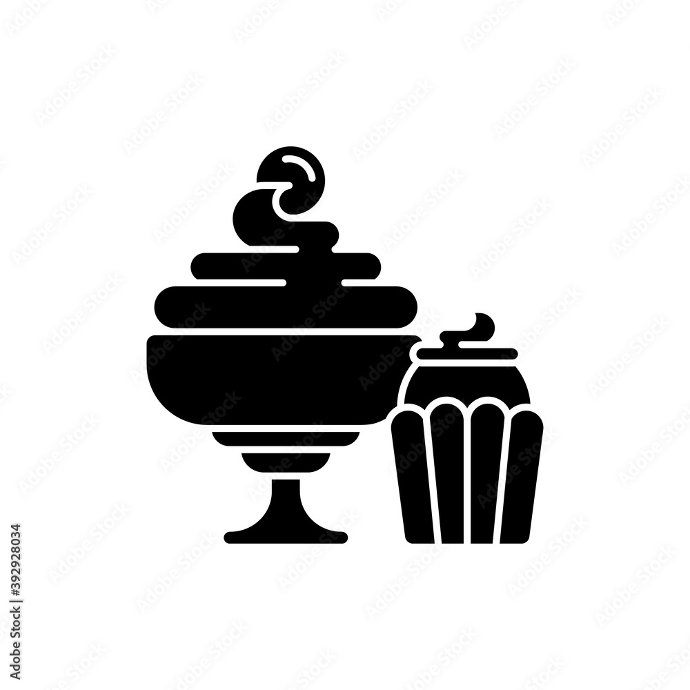 Desserts black glyph icon. Biscuits, cakes, cookies. Ice cream, frozen yogurt. Confections. Whipped cream. High-fat, high-sugar foods. Silhouette symbol on white space. Vector isolated illustration Desserts black glyph icon. Biscuits, cakes, cookies. Ice cream, frozen yogurt. Confections. Whipped cream. High-fat, high-sugar foods. Silhouette symbol on white space. Vector isolated illustration