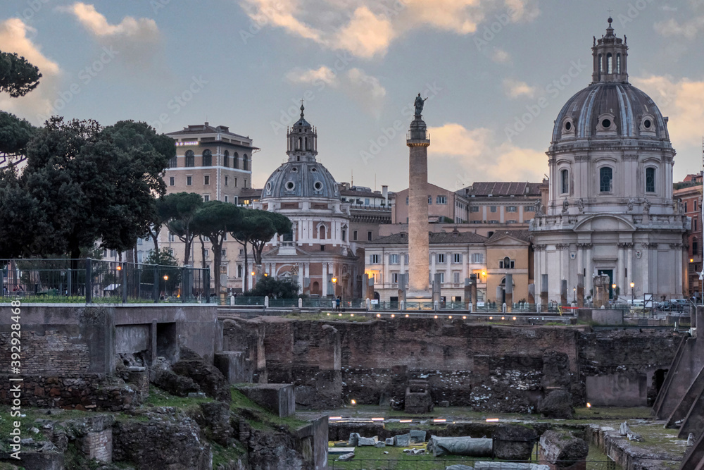 The Roman Forum in Rome at sunset