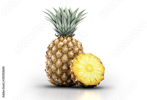 3D Illustration Pineapple and Sliced Pineapple with Leaves on White Background