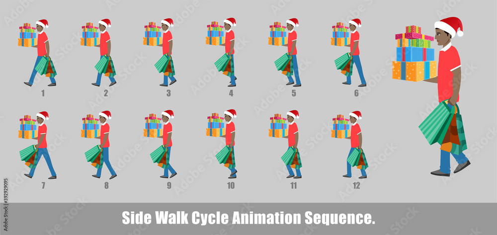 Christmas Santa Claus Walk Cycle Animation, Loopable Walk cycle  anmamtion of Business Santa Claus, Santa Claus Walking With gifts animation sequence for animation, looping walk cycle animation frames