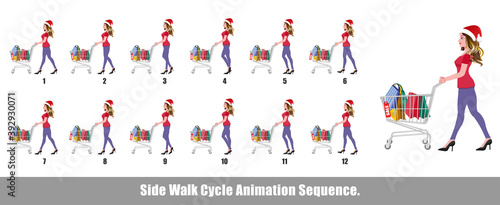 Christmas Santa Girl Walk Cycle Animation, Loopable Walk cycle anmamtion of Business Santa Girl, Santa Girl Walking With gifts animation sequence for animation, looping walk cycle animation frames.