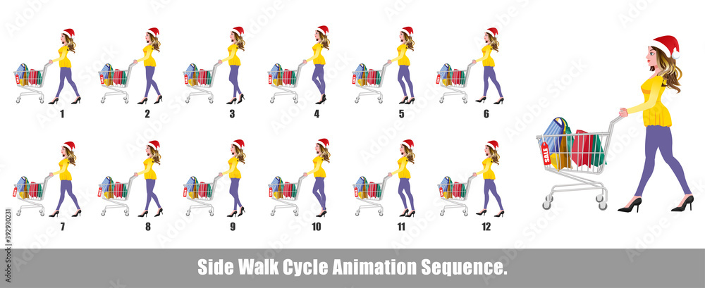 Christmas Santa Girl Walk Cycle Animation, Loopable Walk cycle  anmamtion of Business Santa Girl, Santa Girl Walking With gifts animation sequence for animation, looping walk cycle animation frames.