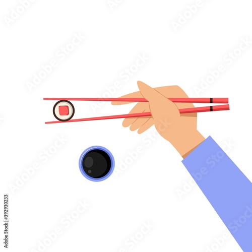 Hand holding chopsticks with suchi roll and soy souce. Vector illustration isolated on white background