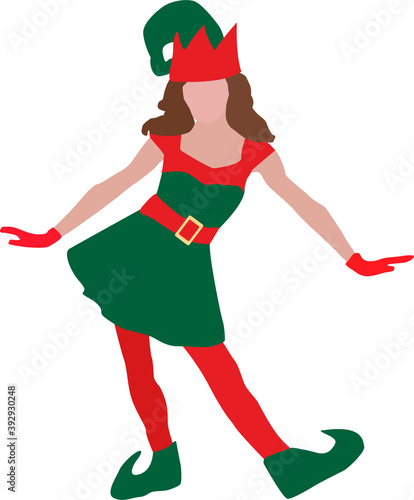 Christmas elf girl cheerful fairy man dressed up in a beautiful costume with a cap and Slippers skorokhody vector drawing