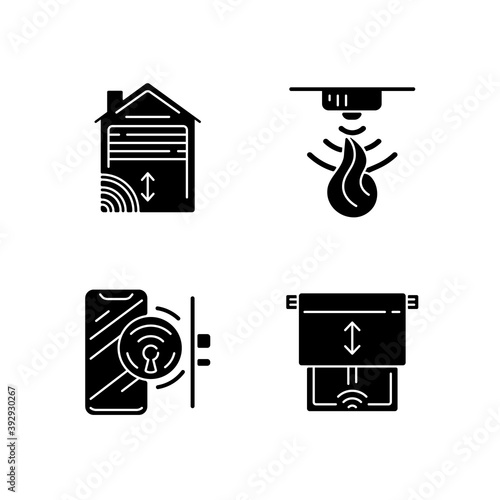Remote home control system black glyph icons set on white space. Wireless garage door opener. Fire sensor for securing your home from accidents. Silhouette symbols. Vector isolated illustration