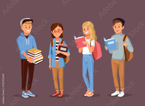 Group friends, university fellow students classmates standing together holding books. Group of learners young people. Vector illustration. Flat design