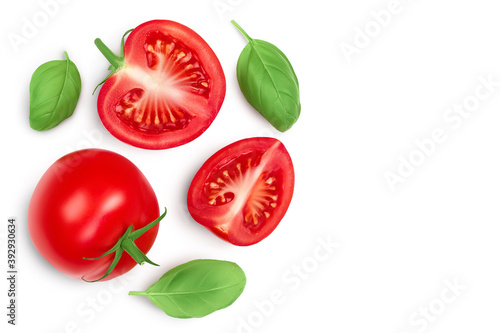 Tomato slices with basil isolated on white background. Clipping path. Top view with copy space for your text. Flat lay