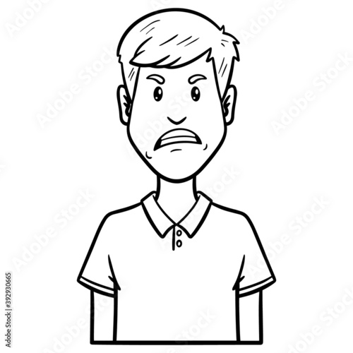 man gritting his teeth. outline, comic, monochrome, upper body.