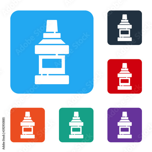 White Mouthwash plastic bottle icon isolated on white background. Liquid for rinsing mouth. Oralcare equipment. Set icons in color square buttons. Vector.