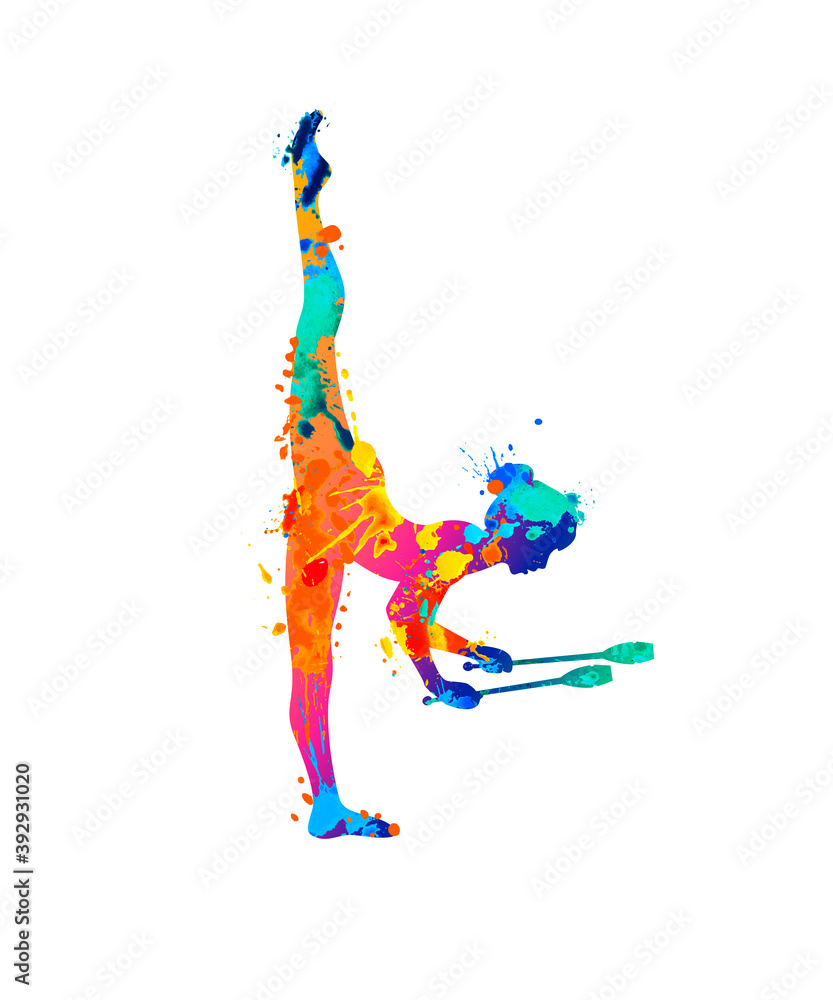 Rhythmic gymnastics girl with clubs. Dancer silhouette