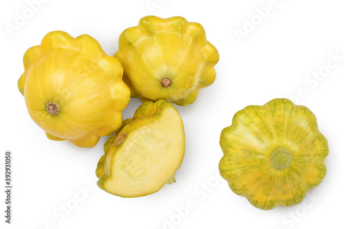 yellow pattypan squash isolated on white background. Top view with clipping path