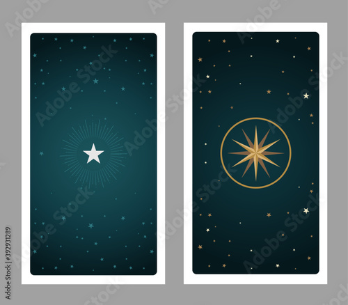 Tarot back card on background of starry night sky and frame with stars