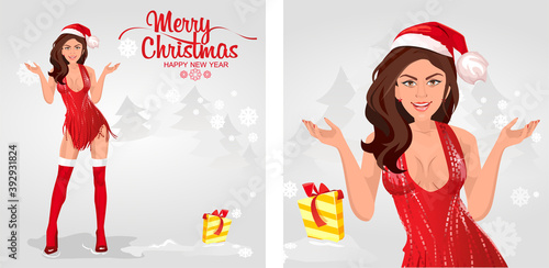 A woman in a red dress and a Christmas hat.