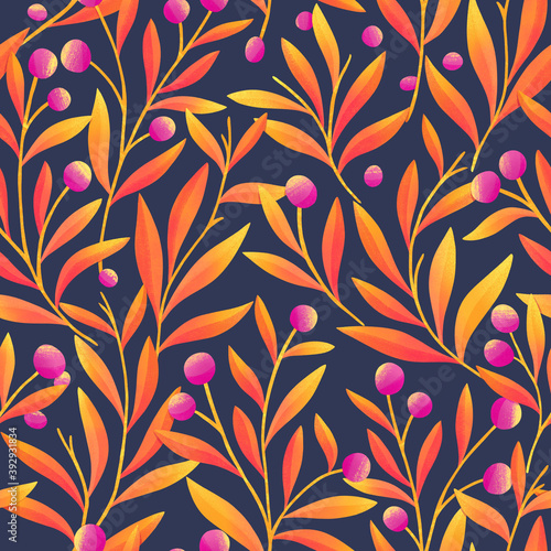 Seamless watercolor floral background. Botanical digital painted pattern. Trendy leaves illustration for fabric, wallpaper.