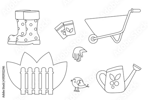Set of garden wheelbarrow, fence and garden accessories. Coloring book for children. Garden supplies. Watering can next to the wheelbarrow and rubber boots. Gardening gloves for planting seeds