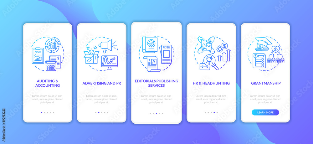 Business advisory services onboarding mobile app page screen with concepts. Advertising, publishing services walkthrough 5 steps graphic instructions. UI vector template with RGB color illustrations