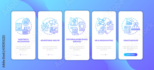 Business advisory services onboarding mobile app page screen with concepts. Advertising, publishing services walkthrough 5 steps graphic instructions. UI vector template with RGB color illustrations