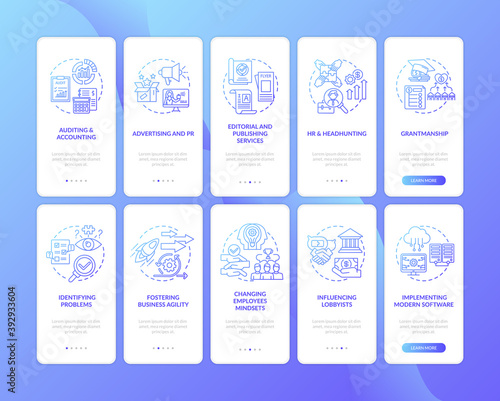 Business counseling service onboarding mobile app page screen with concepts set. Implement modern software walkthrough 5 steps graphic instructions. UI vector template with RGB color illustrations photo