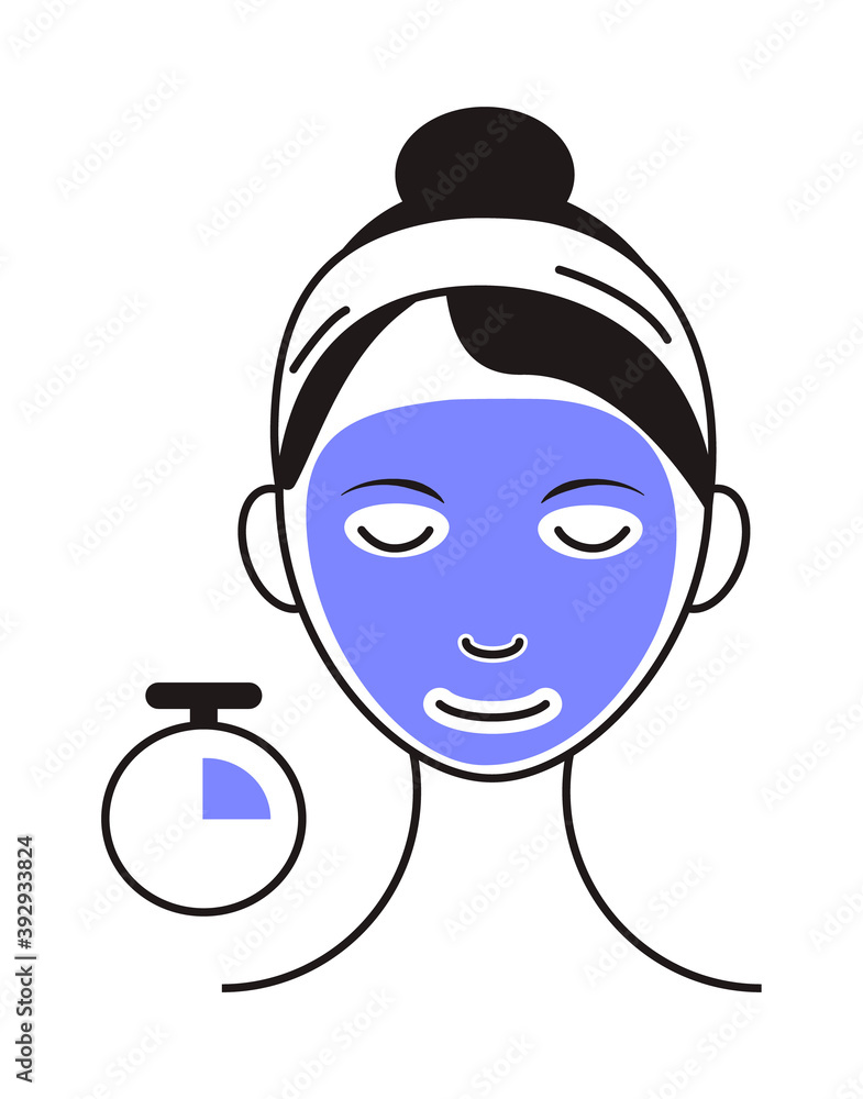 Fototapeta premium Facial mask sheet applying icon vector. Girl shows how to cleaning, whiting face and use cosmetic mask. Info-graphic in outline style illustration isolated