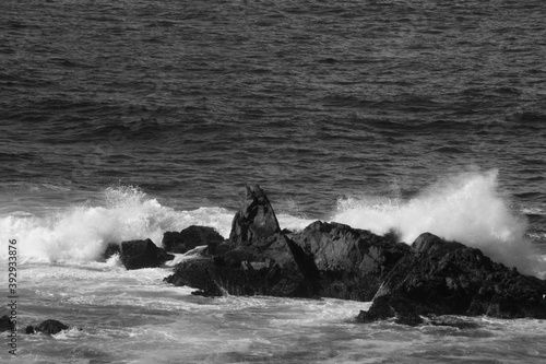 Ocean waves meeting a rocky shore in black and white