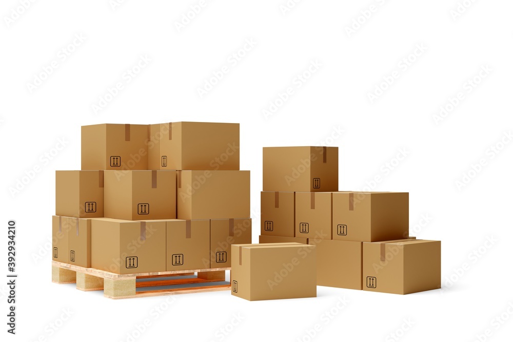 Carton boxes on wooden pallet and heap of boxes over white background, freight, cargo, delivery or storage concept