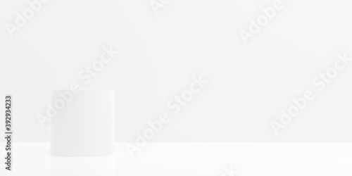 Empty modern abstract white room with elevated cylindrical platform shelf with copy space, product presentation template background
