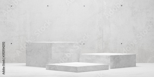 Modern abstract empty concrete room with three podiums in the center, product presentation template or winning ceremony background